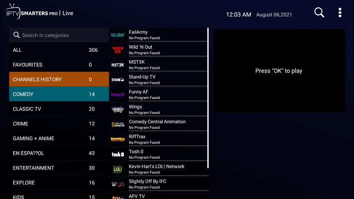 Channel list on IPTV smart TV Canada