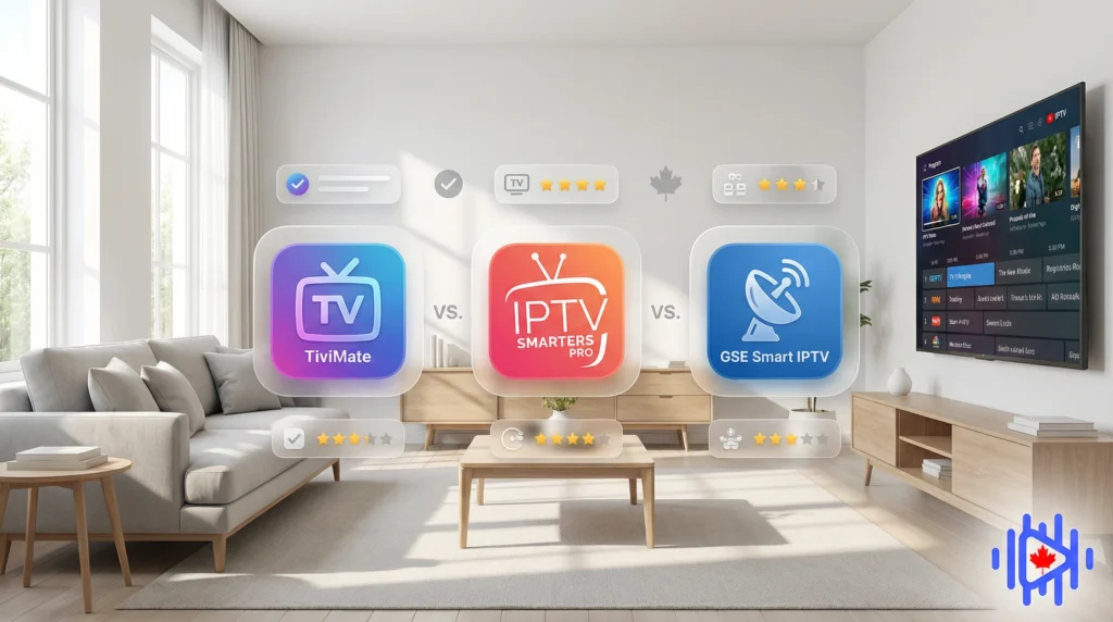 a living room and a tv in the background , floating icons in the middle representing apps for the best iptv canada users