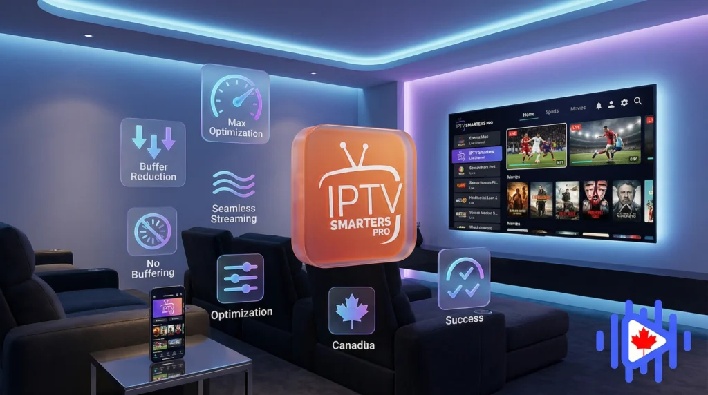 Modern living room with IPTV smarters interface.