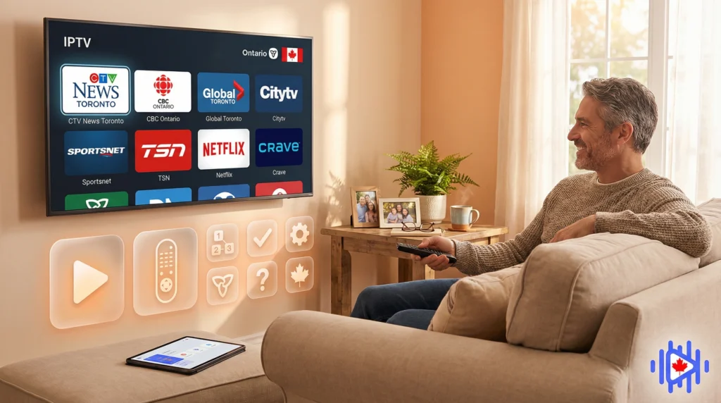 a senior man watching his iptv ontario canada sitting on his couch