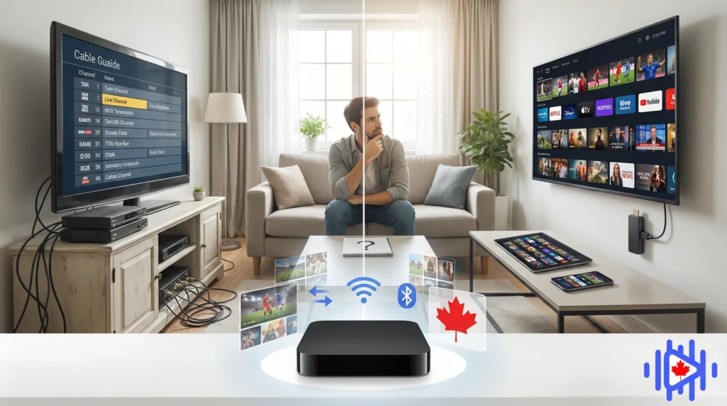 person wondering what to choose betwenn traditional tv and iptv box