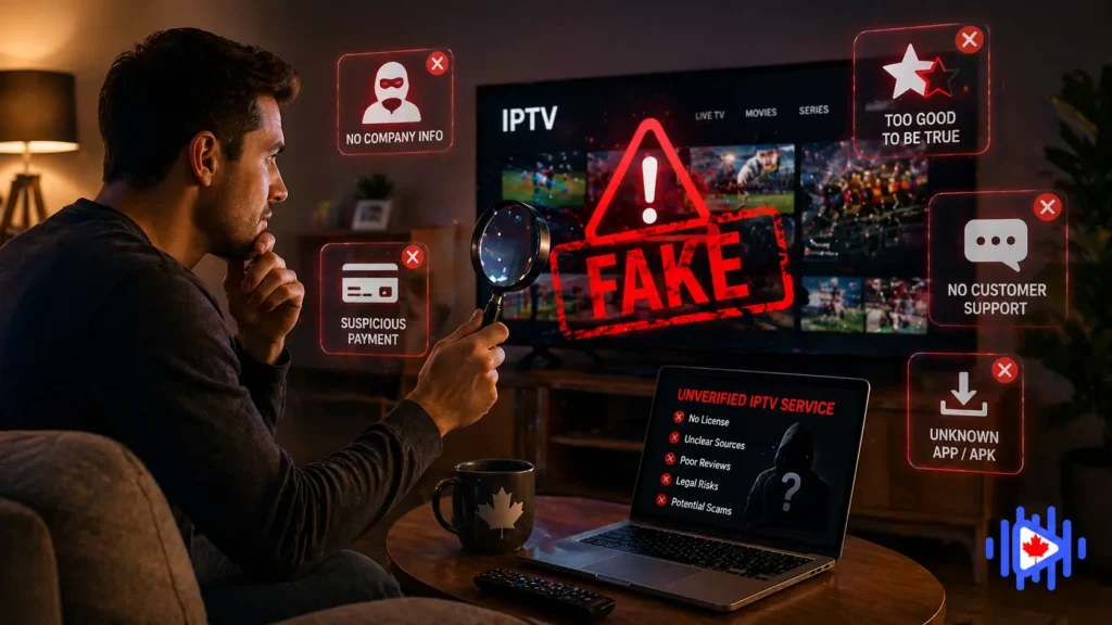 Man identifying a fake IPTV service on TV with warning icons, highlighting scams, suspicious payments, and unverified IPTV services in Canada