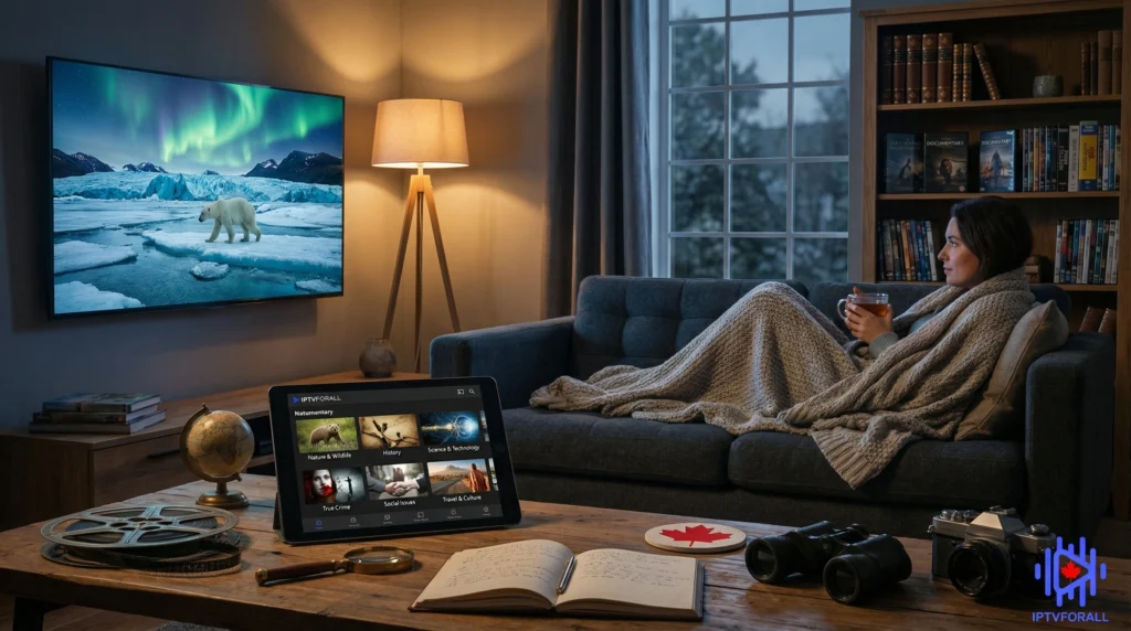 a woman sitting cosy in her sofa watching a documentary on her iptv service