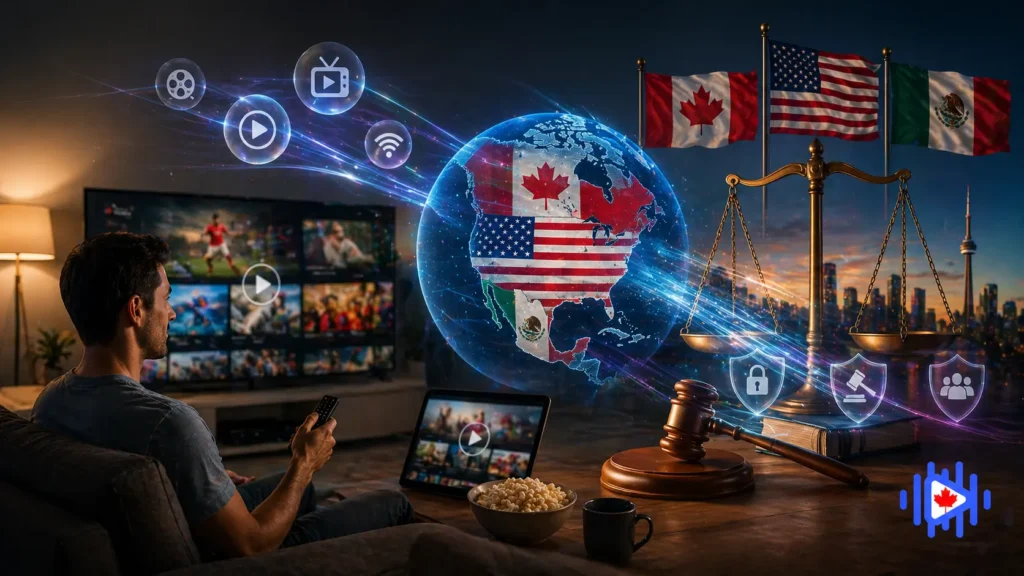 Man watching IPTV streaming in a cozy living room with global trade visuals, North America map, and legal icons representing streaming regulations and policy impact in Canada