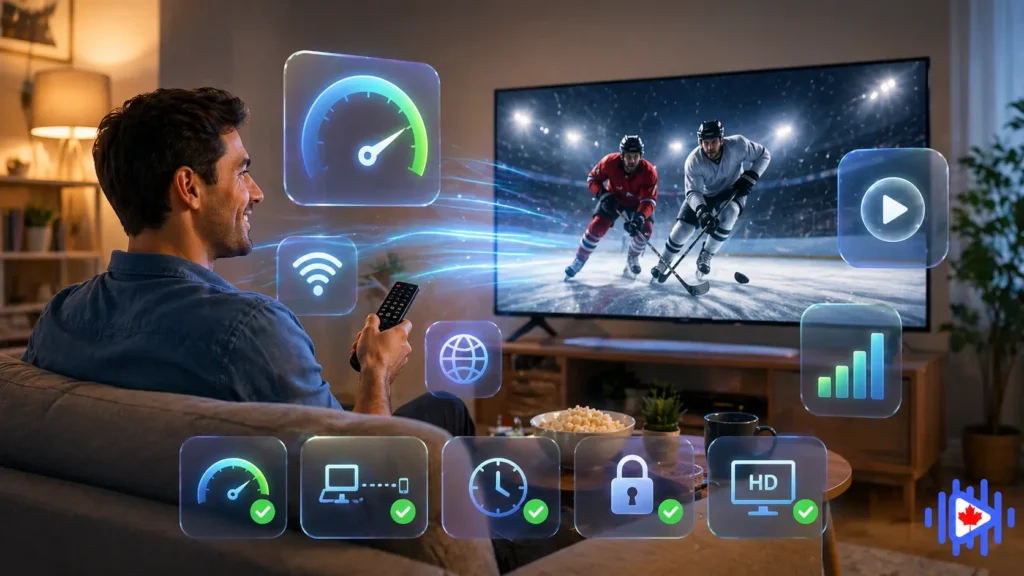 Man streaming smooth live TV in a cozy living room with fast internet speed icons, illustrating IPTV performance and reduced buffering in Canada