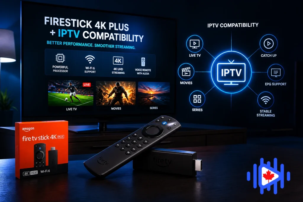 Amazon box IPTV setup with Firestick 4K Plus, showing streaming interface, remote control, and smooth IPTV playback in a modern home environment