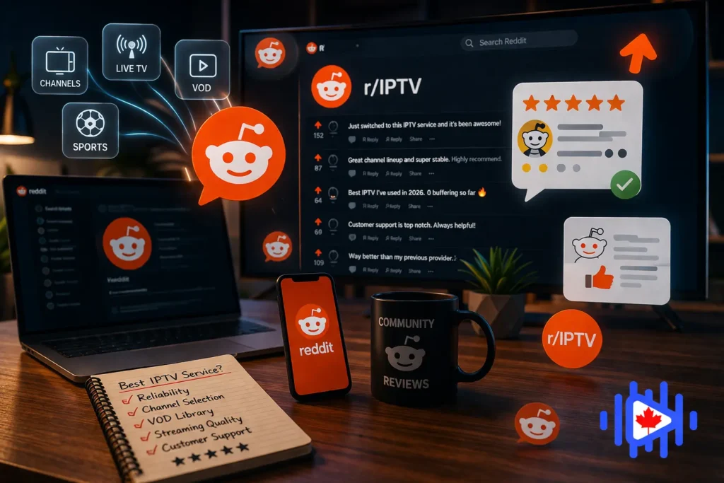 Desk setup showing Reddit discussions and ratings about the best IPTV service reddit, with community reviews, upvotes, and streaming devices in a modern environment