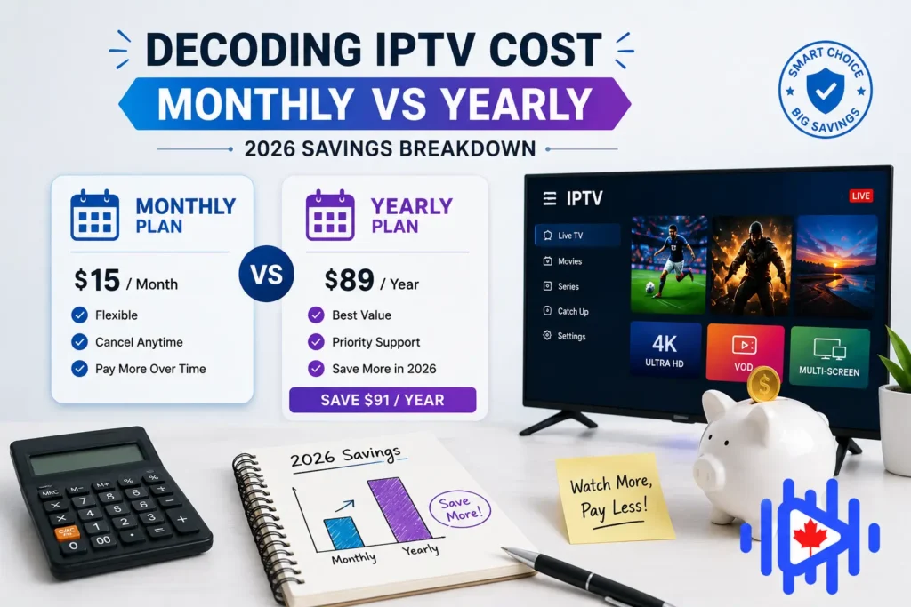 IPTV cost comparison showing monthly vs yearly subscription savings, streaming setup, and value-focused pricing choices for 2026