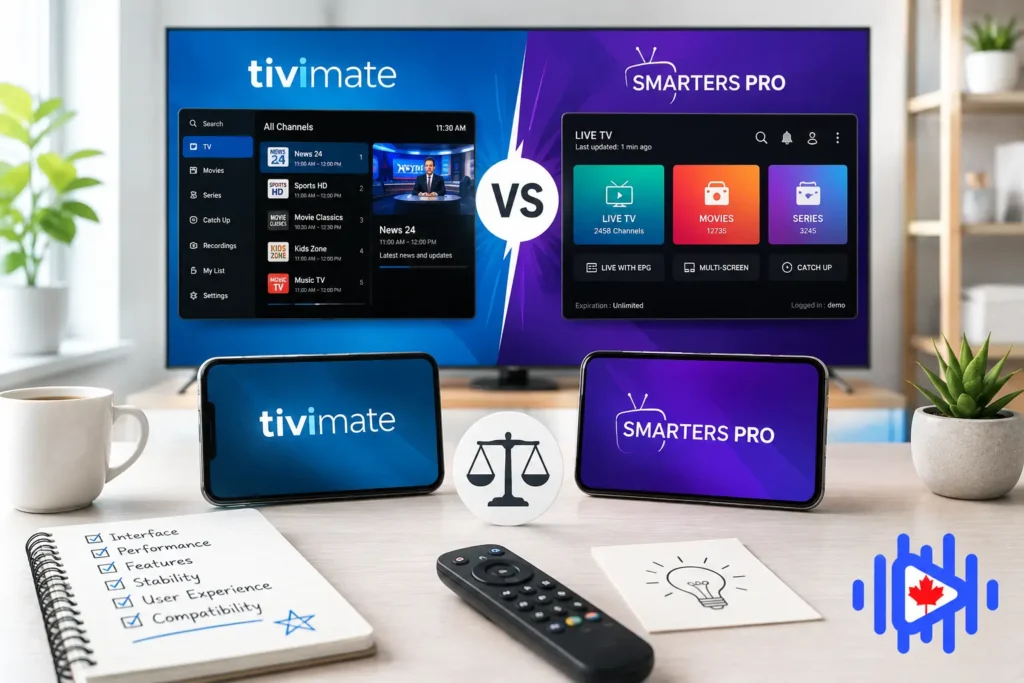 Comparison of IPTV player apps on TV and smartphones in a bright modern setup, showcasing features and interface options for choosing the best IPTV player