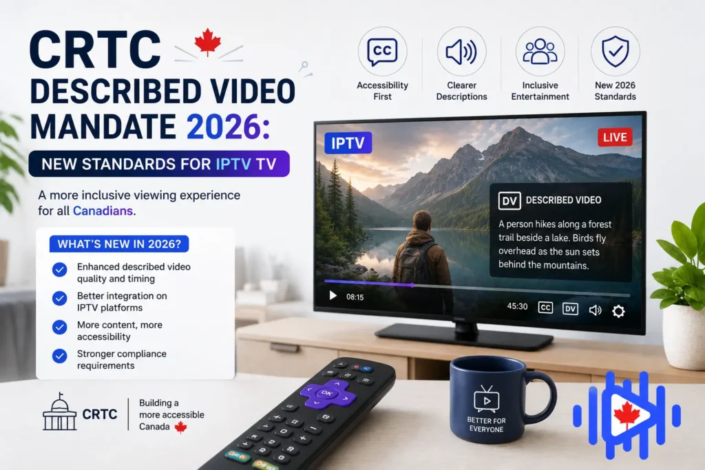 IPTV TV accessibility features displayed on a modern streaming screen, highlighting described video support and enhanced viewing standards in Canada