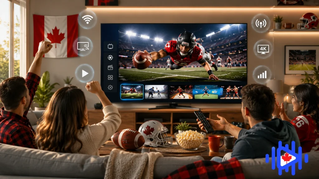 Friends watching a Canadian football game during the CFL Season on an IPTV streaming setup in a cozy living room with Canadian-themed sports atmosphere