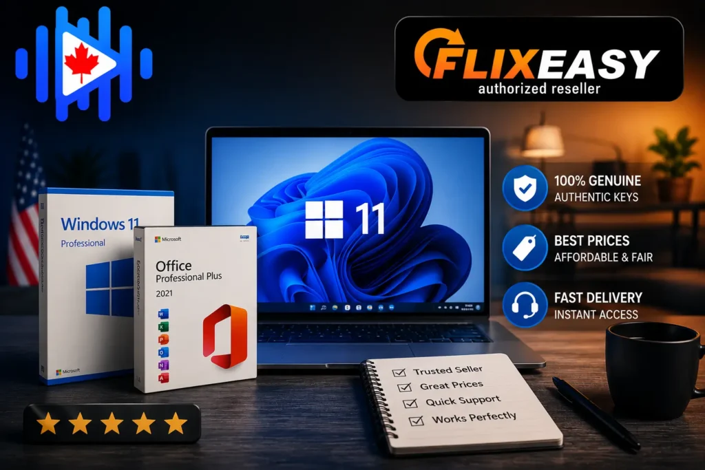 Windows key and Microsoft Office software displayed on a modern laptop workspace with genuine license products and trusted reseller branding